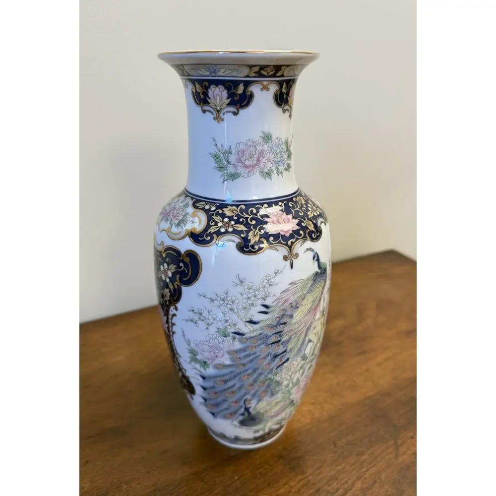 Vintage Japan Porcelain Peacock Floral Vase Cobalt Blue Gold Gilt 10.625